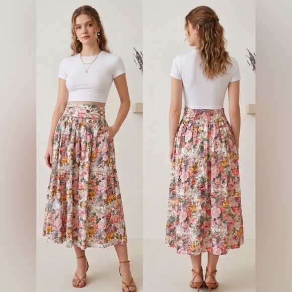 Vintage Dresses & Skirts - Vtg 80s Floral Cottagecore High Waist Floral Midi Skirt With Pockets XS